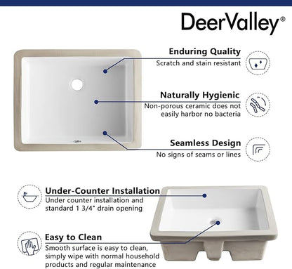 DeerValley Rectangular Undermount Bathroom Sink,19.72"x15.59"x6.54" Modern Vessel Sink White Undermount Bathroom Sink Rectrangle Porcelain Ceramic Lavatory Vanity Vessel Sink with Overflow