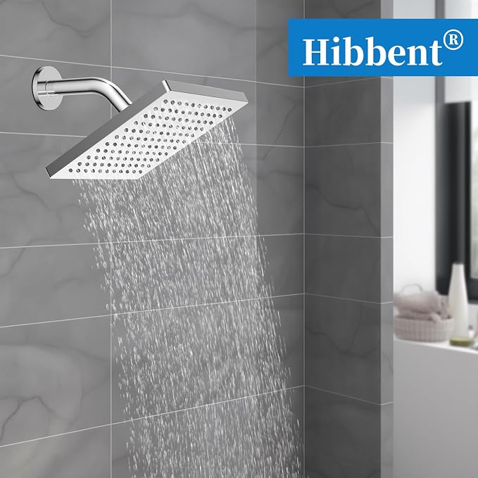 Hibbent cUPC Certified Thickness Metal 8'' Square Rain Shower Head, Chrome | High Pressure Shower Head, Bathroom Waterfall Shower Heads, High Flow Fixed Showerheads with Adjustable Brass Ball Joint