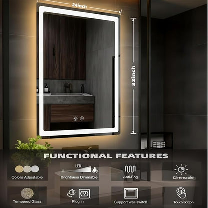 LTFUUAI 24"X32" LED Bathroom Mirror with Lights, Front & Back Light | Lighted Bathroom Mirror, Touch 3-Color Stepless Dimming, Wall Mounted, Anti-Fog Shatterproof, UL Listed