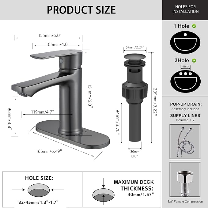 BELZ Grey Bathroom Faucet, Lead-Free 1 or 3 Hole (4") Vanity Sink Faucet | NSF372 Compliant, Anti-corrosion Coating, 6'' Single Handle Sink Faucet with pop-up drain & hot/cold hoses, Easy DIY Install