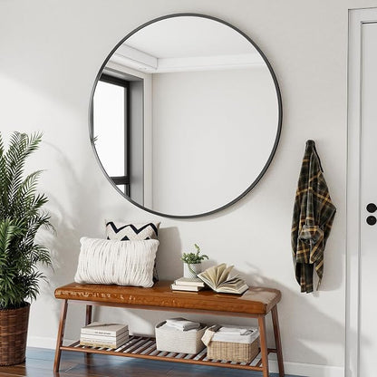 Large Black Round Bathroom Mirror 42" with Thin Metal Frame | Circle Wall Mounted Mirror Hanging or Leaning Decor for Hallway, Entryway, Fireplace Mantel, Living Room
