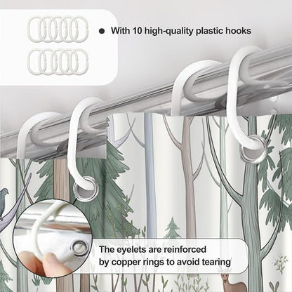 AWERT Cute Shower Curtain with Hooks Green Forest Shower Curtain with Wild Animals Bear Moose Deer Fox Deor Bathroom 60x72 inch