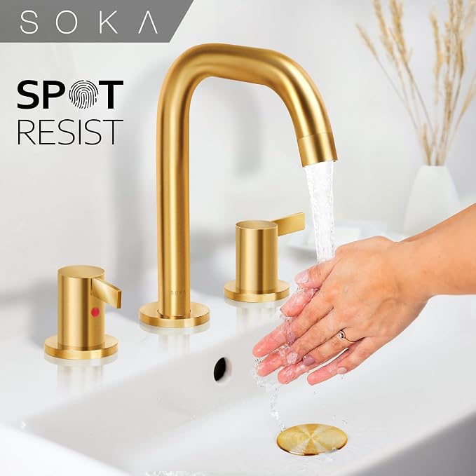 SOKA 8-16 Inch Widespread Bathroom Faucet 2 Handles Gold Commercial Sink Touch Faucets 3 Pieces Vanity Restroom Lavatory 360 Degree Rotating Faucet with Pop Up Drain Assembly,Gold - L