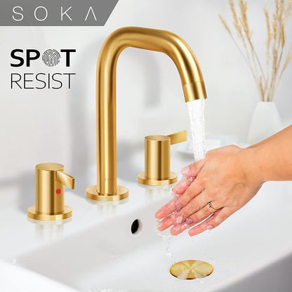 SOKA 8-16 Inch Widespread Bathroom Faucet 2 Handles Gold Commercial Sink Touch Faucets 3 Pieces Vanity Restroom Lavatory 360 Degree Rotating Faucet with Pop Up Drain Assembly,Gold - L