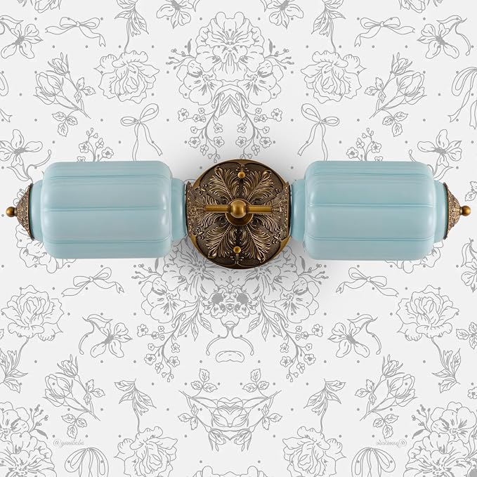 Vintage Milk Glass Bathroom Vanity Light, 2-Light Vintage Wall Sconce with Antique Brass Finish Base & Mint Blue Glass Shad, Wall Sconce Lighting for Mirror, Living Room, Gallery (Bulbs Included)