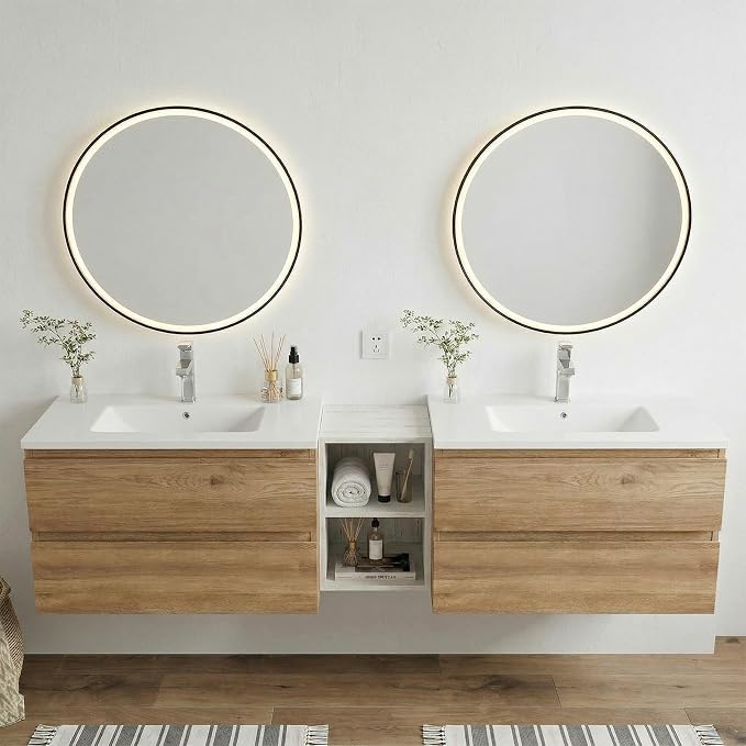 72" Modern Floating Double Sink Bathroom Vanity, Wall Mounted Bathroom Cabinet with U-Shaped Drawers, Beveled Invisible Handles Open Side Shelf, FSC Certified Wood Veneer (White, 72 lnch)