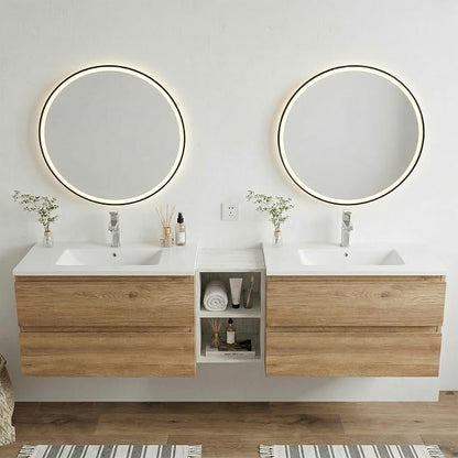 72" Modern Floating Double Sink Bathroom Vanity, Wall Mounted Bathroom Cabinet with U-Shaped Drawers, Beveled Invisible Handles Open Side Shelf, FSC Certified Wood Veneer (White, 72 lnch)