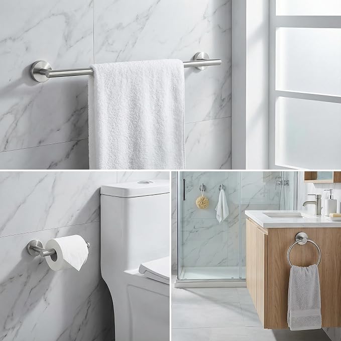 5-Piece Bathroom Hardware Set, Brushed Nickel SUS304 Stainless Steel Bathroom Accessories, 24" Towel Bar, Toilet Paper Holder, Towel Ring & 2 Robe Hooks, Wall Mounted, Rustproof Modern Design