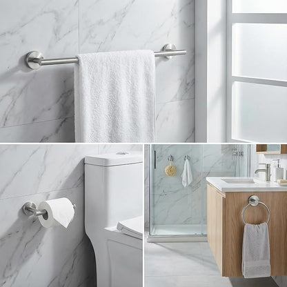 5-Piece Bathroom Hardware Set, Brushed Nickel SUS304 Stainless Steel Bathroom Accessories, 24" Towel Bar, Toilet Paper Holder, Towel Ring & 2 Robe Hooks, Wall Mounted, Rustproof Modern Design