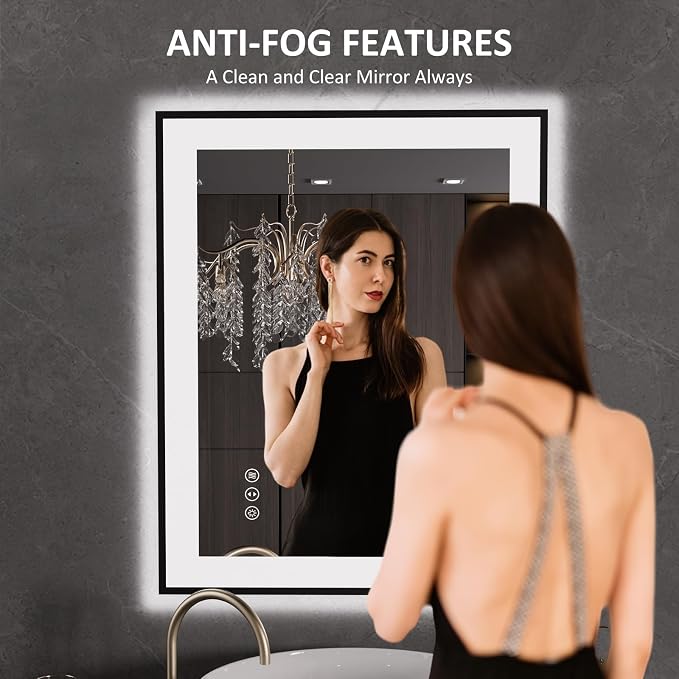 LOAAO 24"X30" LED Bathroom Mirror Black Framed | Anti-Fog, Dimmable, Memory Function, Tempered Glass, Lighted Vanity Mirror for Wall
