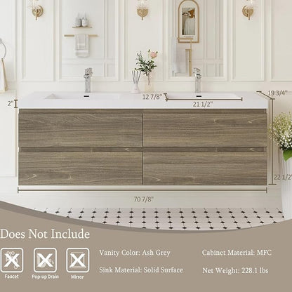 72" Floating Bathroom Vanity with Sink, Modern Wall Mounted Vanity with Resin Top Basin and 4 U-Shaped Soft-Close Storage Drawers, Bathroom Storage Cabinet with Invisible Handle, Grey