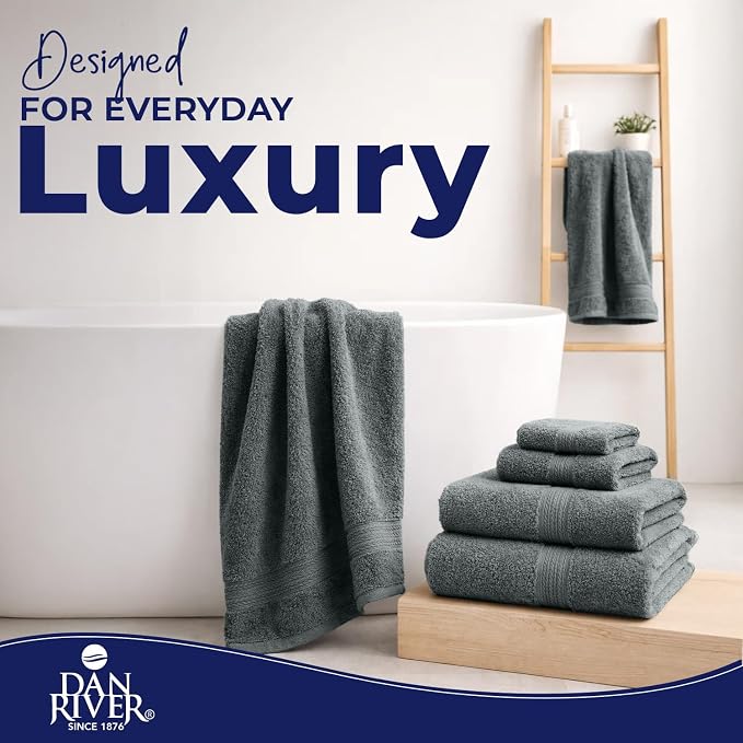 DAN RIVER 8 Piece Luxury Bath Towels for Bathroom, Towel Set, Gray | 2 Bath towels, 2 Hand towels, and 4 Wash Cloths, 600 GSM 100% Ring Spun Cotton, Highly Absorbent, Gym, Hotel, guest, and Spa