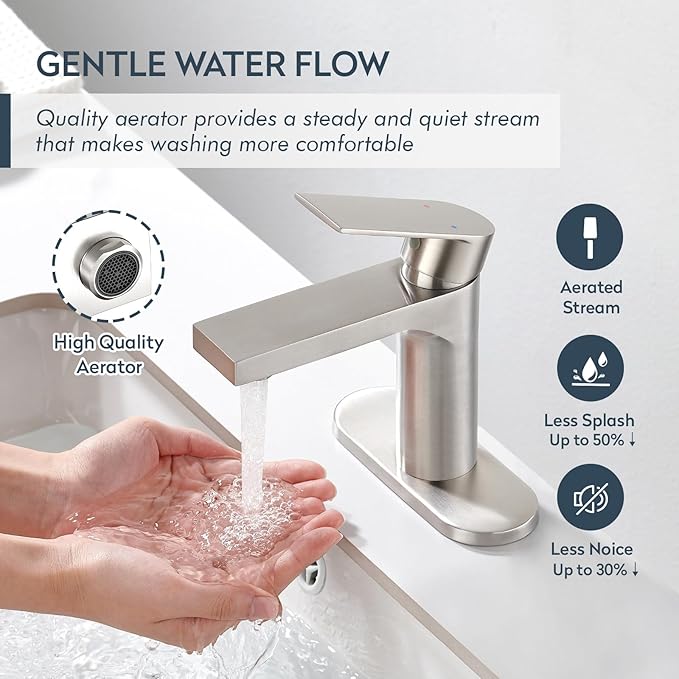 Single Hole Bathroom Faucet, Stainless Steel 1 Handle Vanity Sink Faucet with Metal Pop-Up Drain & Deck Plate for 1 or 3 Hole Sink, Brushed Finish