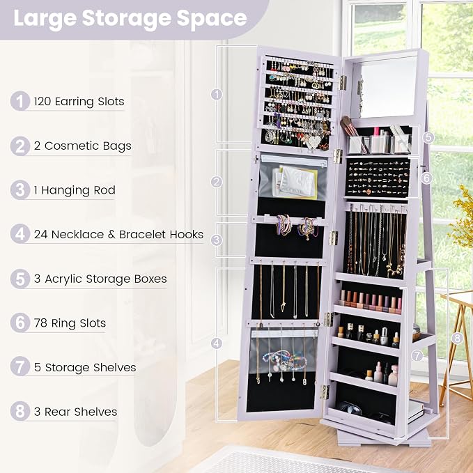 GOFLAME 360° Rotating Jewelry Armoire, Lockable Jewelry Cabinet with Full-Length Mirror & Inner Makeup Mirror, Standing Jewelry Storage Organizer with Rear Storage Shelves, Lavender