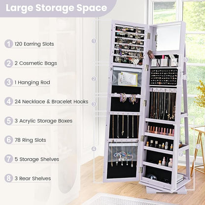 GOFLAME 360° Rotating Jewelry Armoire, Lockable Jewelry Cabinet with Full-Length Mirror & Inner Makeup Mirror, Standing Jewelry Storage Organizer with Rear Storage Shelves, Lavender
