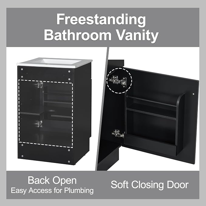 Christopher Knight Home Vanes Wood Frame 20" Bathroom Vanity with Ceramic Sink, Cabinet with Soft-Closing Door Shelf and Adjustable Shelf, Open Back, Metal Hardware, Storage/Organizer, Black