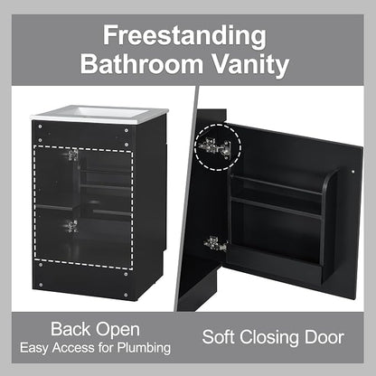 Christopher Knight Home Vanes Wood Frame 20" Bathroom Vanity with Ceramic Sink, Cabinet with Soft-Closing Door Shelf and Adjustable Shelf, Open Back, Metal Hardware, Storage/Organizer, Black