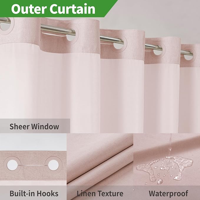 eachope No Hook Linen Texture Shower Curtain with Snap-in Liner,71x80 Blush | 230GSM Thick Fabric,Hotel Luxury Decor,Mesh Top Window,Magnetic Weighted Hem,Waterproof & Machine Washable,for Bathroom