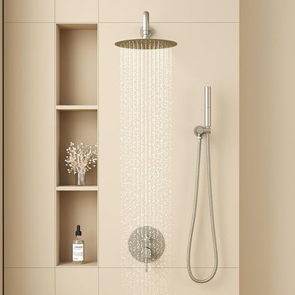 BESy Shower System with 10 Inch Round Rain Shower Head and Handheld Wall Mounted, High Pressure Rainfall Shower Faucet Fixture Combo Set with 2 in 1 Handheld Showerhead for Bathroom, Nickel
