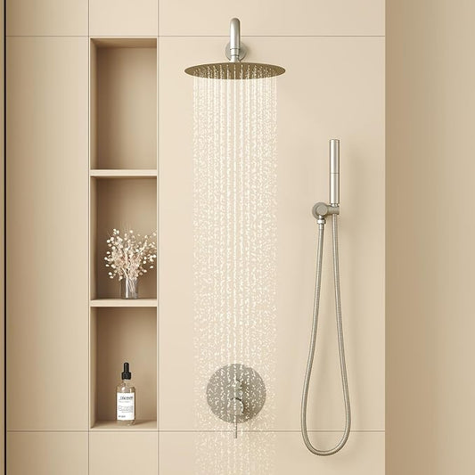BESy Shower System with 10 Inch Round Rain Shower Head and Handheld Wall Mounted, High Pressure Rainfall Shower Faucet Fixture Combo Set with 2 in 1 Handheld Showerhead for Bathroom, Nickel