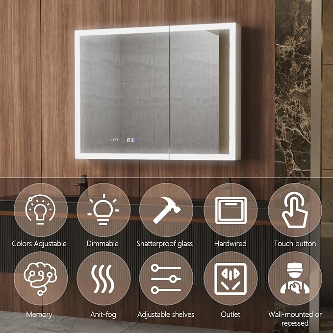 42 in. W Smart Lighted Medicine Cabinet with Mirror for Bathroom, Recessed/Surface Mount Medicine Cabinet with Anti-Fog, 1800W Charging Station, USB Ports, 3 Color Lights