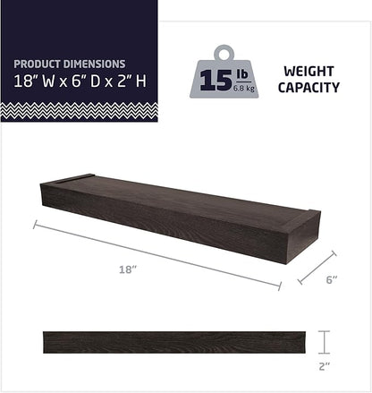 HIGH & MIGHTY 515603 Modern 18" Floating Shelf Holds up to 15lbs, Easy Tool-Free Dry Wall Installation, Flat, Retail Packaging, Espresso