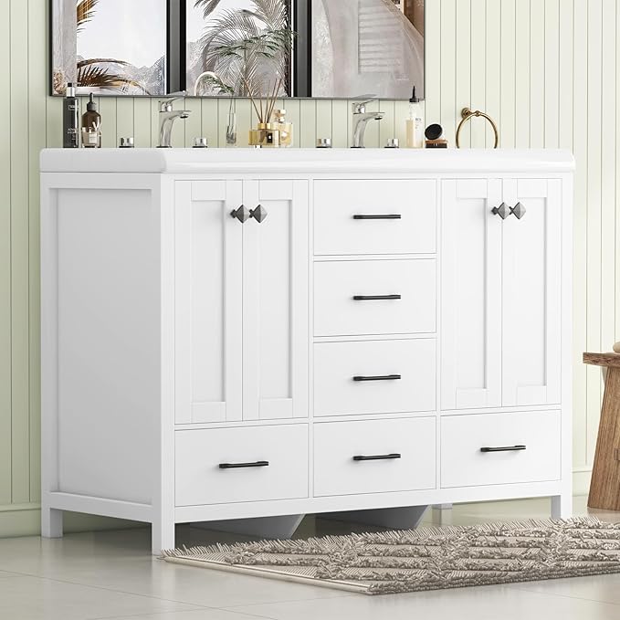 Bathroom Vanity with Sink Combo, 48" Modern Bathroom Storage Cabinet with Double Sink Ceramic, 4 Doors and 5 Drawers, Space-Saving Storage Cabinet, White