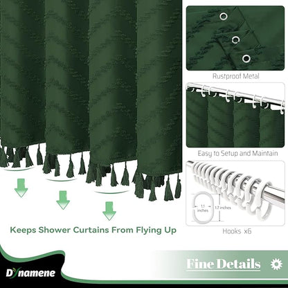 Dynamene Stall Fabric Shower Curtain, 36x72 inch Half Boho Tufted Chevron Striped Small Cloth Bathroom Shower Curtains, Narrow Thick Waterproof Polyester Shower Curtain Set with 6 Hooks, Dark Green