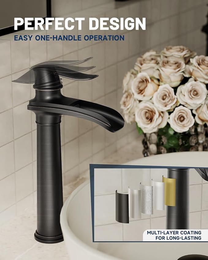 Oil Rubbed Bronze Vessel Sink Faucet Brass Waterfall Bathroom Faucet | with Pop Up Drain Assembly and Supply Hoses, Single Handle Tall Bathroom Faucets Lavatory Vanity Mixer Tap by BATHLAVISH