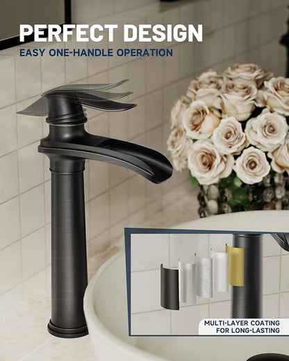 Oil Rubbed Bronze Vessel Sink Faucet Brass Waterfall Bathroom Faucet | with Pop Up Drain Assembly and Supply Hoses, Single Handle Tall Bathroom Faucets Lavatory Vanity Mixer Tap by BATHLAVISH