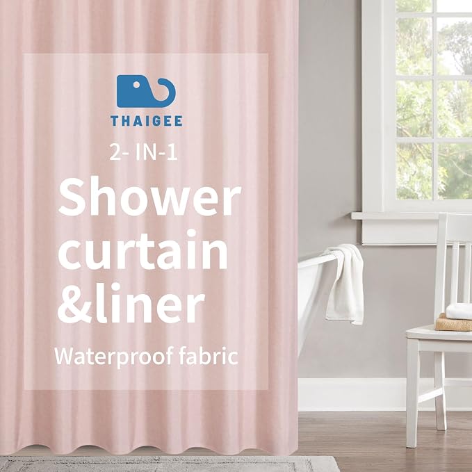 Extra Long Fabric Shower Curtain with Waterproof Layer,72x84,Blush | 2-in-1 Design,Linen Textured,100% Waterproof TPU-Laminated Backing,Magnetic Weighted,Machine Washable,For Bathroom,Hotel