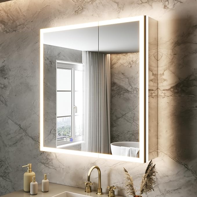 30x32 Lighted Medicine Cabinet, Separate Front & Back Lights | Surface/Recessed LED Medicine Cabinet for Bathroom with Side Mirrors, Dimmable Light, Anti-Fog, Memory,Silver Aluminum Frame