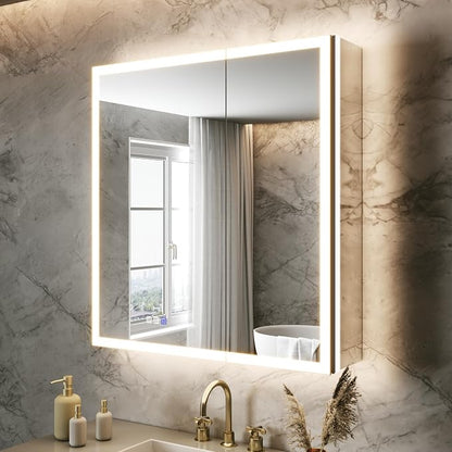 30x32 Lighted Medicine Cabinet, Separate Front & Back Lights | Surface/Recessed LED Medicine Cabinet for Bathroom with Side Mirrors, Dimmable Light, Anti-Fog, Memory,Silver Aluminum Frame