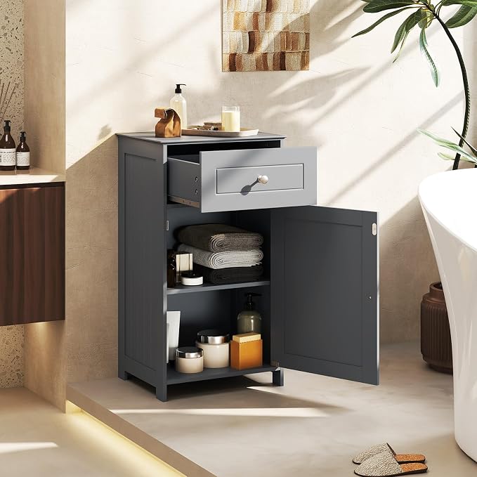 Giantex Floor Bathroom Storage Cabinet with Adjustable Shelf (Grey) | Freestanding Cabinet with Drawer, Door, Anti-Tipping Device, Storage Organizer for Sofa Side, Bathroom, Living Room