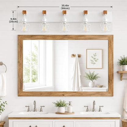 Farmhouse Vanity Light Fixture,5-Light Bathroom Lighting,White Modern Wood Wall Light Over Mirror with Metal Shade,LED Bulbs Not Included