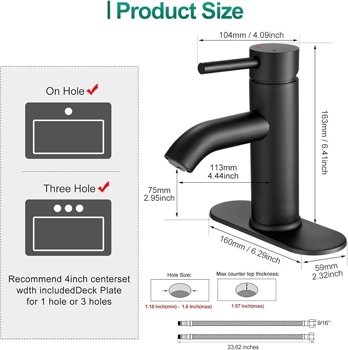 VOTON Black Bathroom Faucet Single Handle Matte Black Bathroom Sink Faucet Rv Lavatory Vessel Faucet for Bathroom Faucet 1 or 3 Hole with Deck Plate