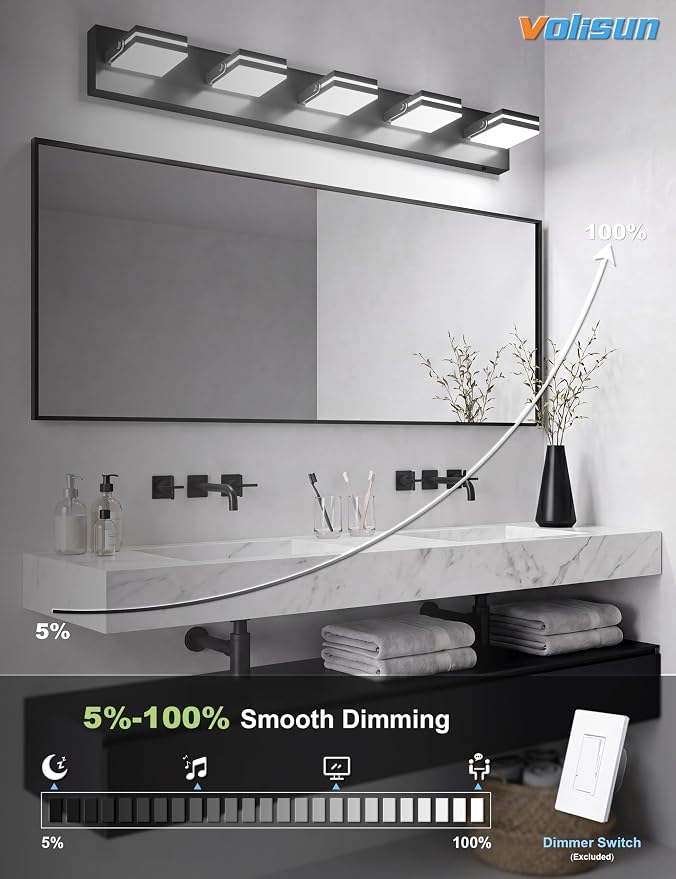 VOLISUN 5 Light Bathroom Vanity Light, 34.25 inch Dimmable Bathroom Light Fixtures Over Mirror, 5 Color Temperatures, 180°Rotatable Head, Black LED Vanity Lights for Bathrooms-ETL Certificated