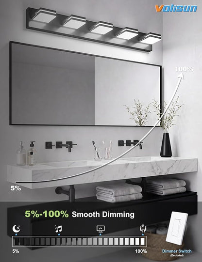 VOLISUN 5 Light Bathroom Vanity Light, 34.25 inch Dimmable Bathroom Light Fixtures Over Mirror, 5 Color Temperatures, 180°Rotatable Head, Black LED Vanity Lights for Bathrooms-ETL Certificated