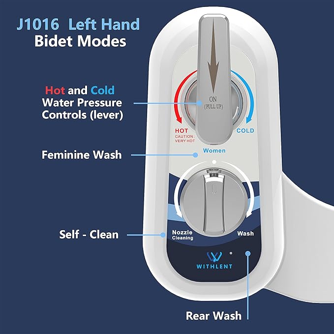 Left Handed Bidet Hot and Cold Water, Self-Cleaning, Dual Nozzle(Frontal & Rear Wash), Left Handed, Non-Electric Warm Water Bidet Attachment for Toilet Seat, Adjustable Water Pressure