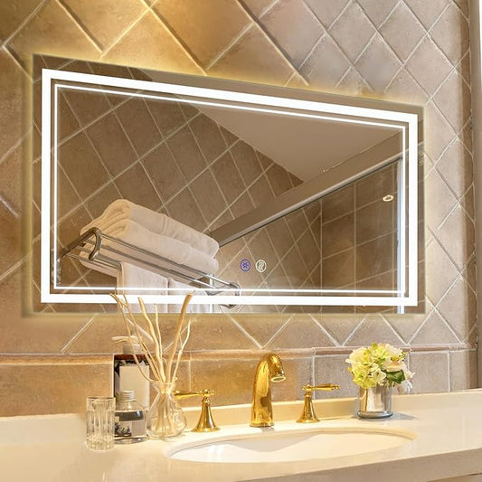 SaniteModar Bathroom Mirror with Lights 55x36 in, Led Mirror for Bathroom, Led Bathroom Mirror, 3 Color Dimmable, Anti Fog, Touch Button, CRI90+, Horizontal/Vertical