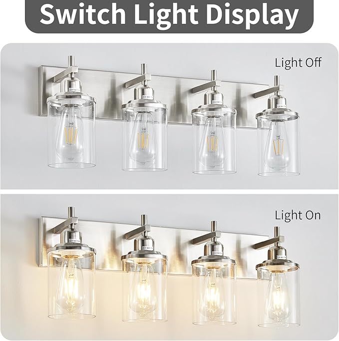 4-Light Brushed Nickel Bathroom Light Fixture Over Mirror Modern Bathroom Vanity Light Vintage Wall Lighting with Clear Glass Shade for Bathroom, Bedroom, Hallway, Cabinet
