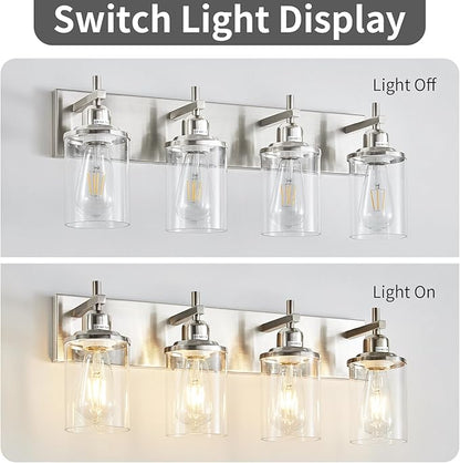 4-Light Brushed Nickel Bathroom Light Fixture Over Mirror Modern Bathroom Vanity Light Vintage Wall Lighting with Clear Glass Shade for Bathroom, Bedroom, Hallway, Cabinet