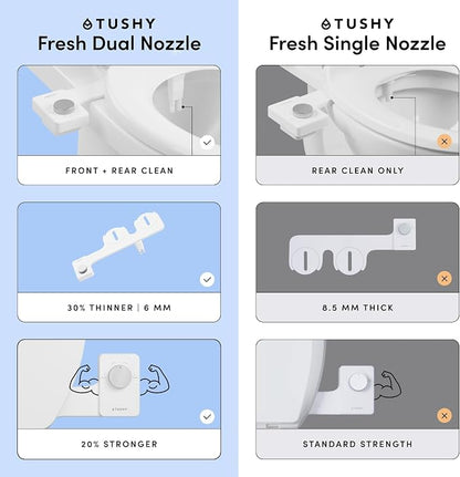 TUSHY Fresh Dual Nozzle Cool Water Bidet, Matte Silver Knob | Ultra Slim Toilet Seat Attachment, Non-Electric, 180° Front and Rear Wash, Self-Cleaning, 10 Minute DIY Install