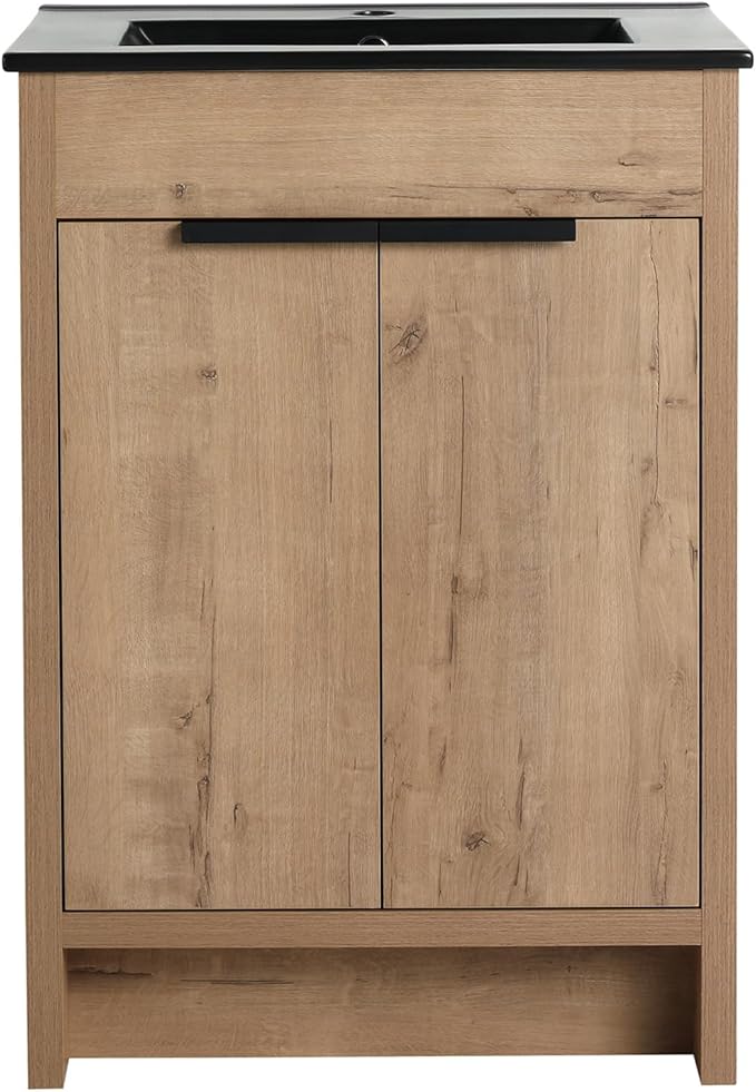 SSLine 24-Inch Bathroom Vanity with Sink Mid-Century Bathroom Vanities with Black Top Basin Floor Wood Bathroom Sink Cabinet with Soft-Close Doors & Adjustable Storage Shelves (Natural Brown)