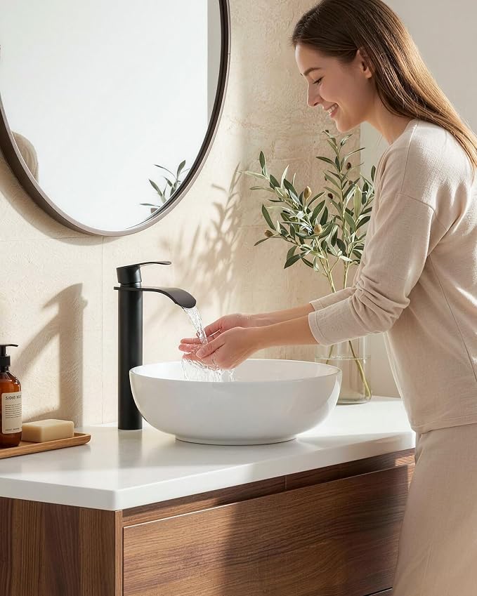Vessel Sink Faucet Black for Bathroom：WOWOW Single Handle Tall Bathroom Faucet - Waterfall Single Hole Mixer Bar Tap with Large Rectangular Spout, Deck Mount Lavatory Vanity with Pop Up Drain