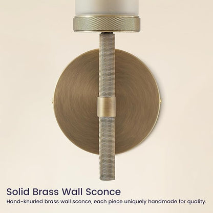15" Hardwired Frosted Glass 2 PC Bathroom Wall Sconces, Handmade Knurled Brass Wall Light Fixture,Modern Vanity Light for Living Room,Hallway, Bedroom, Indoor Sconces