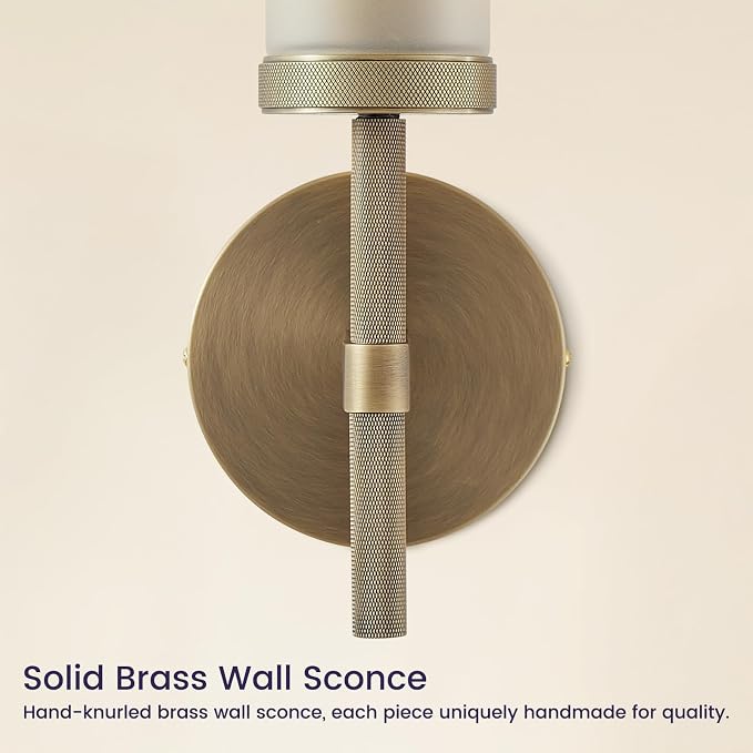 15" Hardwired Frosted Glass Bathroom Wall Sconces, Handmade Knurled Brass Wall Light Fixture,Modern Vanity Light for Living Room,Hallway, Bedroom, Indoor Sconces