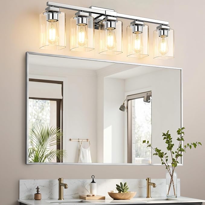BesLowe 31” Bathroom Light Fixtures, 5-Light Vanity Light Chrome | Square Clear Glass & Durable Metal, Quick & Easy Installation, Standard E26 Socket, Bright Bathroom Lighting