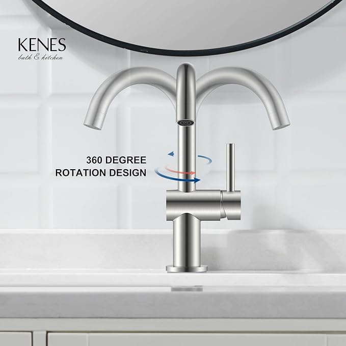 Brushed Nickel Bathroom Faucet Single Handle, 1 Hole Vanity Faucet | Bathroom Sink Faucet with Pop Up Drain & 6 Inch Deck Plate, Lead-Free cUPC & NSF Certified, 1 Handle Faucet for Vanity RV Bar