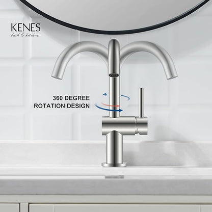 Brushed Nickel Bathroom Faucet Single Handle, 1 Hole Vanity Faucet | Bathroom Sink Faucet with Pop Up Drain & 6 Inch Deck Plate, Lead-Free cUPC & NSF Certified, 1 Handle Faucet for Vanity RV Bar